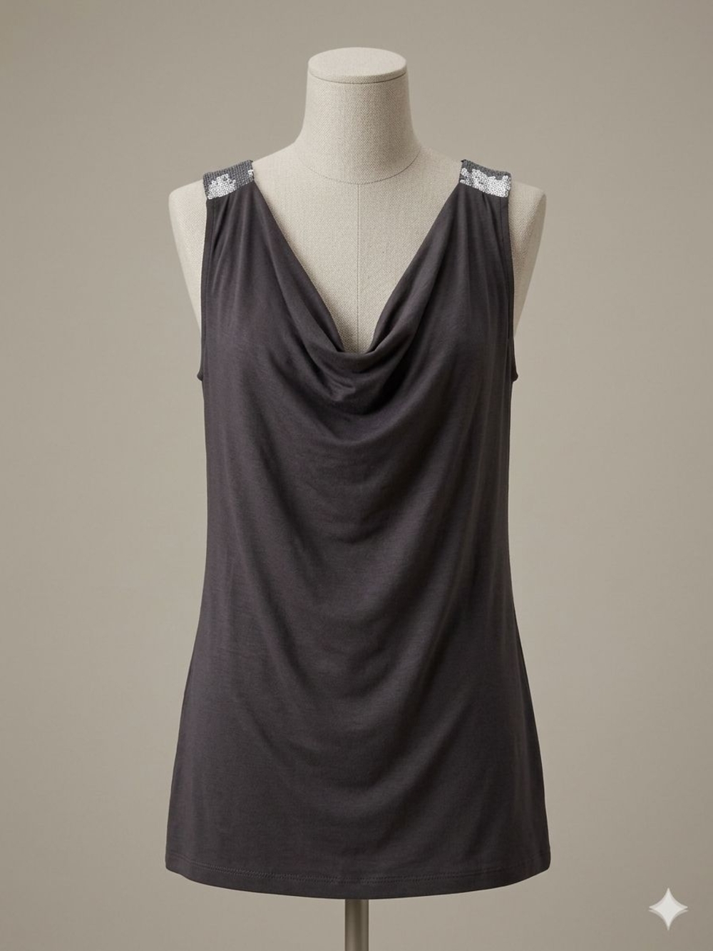Armani Exchange Charcoal Gray Sequin Shoulder Drape Neck Sleeveless Top